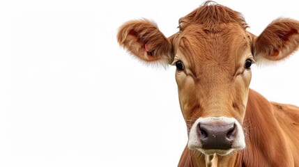 Brown cow with black nose isolated on white background innocent expression