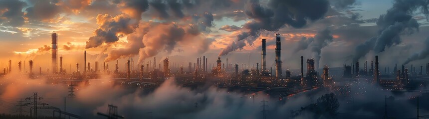 Fototapeta premium Panoramic view of a petrochemical oil and gas industry plant at dawn with a cloudy sky.