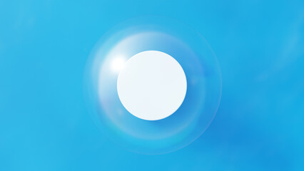 青い海の中に立つ白い円柱の台座とシャボン玉。俯瞰。3D（横長）