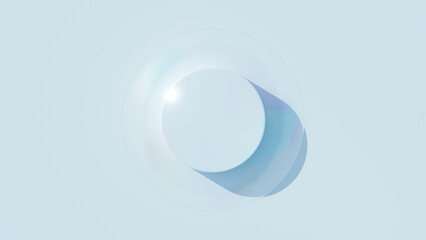 白い背景に円柱の台座とシャボン玉。太陽の光。俯瞰。3D（横長）