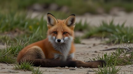 Naklejka premium Wild baby red foxes cuddling at the beach June 2020 No.generative.ai
