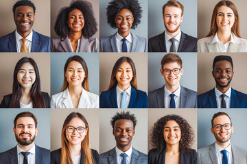 Many smiling multiethnic business people faces headshots collage mosaic. Collage of smiling business people in formalwear looking at camera.