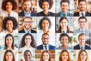 Obraz premium Many smiling multiethnic business people faces headshots collage mosaic. Collage of smiling business people in formalwear looking at camera.