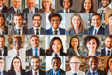 Many smiling multiethnic business people faces headshots collage mosaic. Collage of smiling business people in formalwear looking at camera.