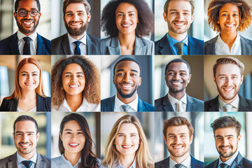 Many smiling multiethnic business people faces headshots collage mosaic. Collage of smiling business people in formalwear looking at camera.