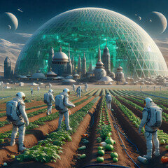 Mars in the future Covered by the dome of the astronaut green city