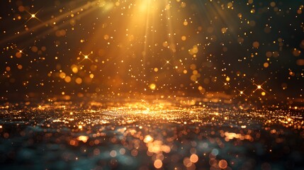 Abstract background shining golden floor ground particles stars dust. Futuristic glittering in space on black background. 
