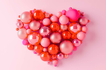 Obraz premium Multicolored Sphere Love Heart. Pink, Red Glass and Red Metallic Spheres arranged in a heart shape. 3D Render