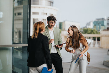 Three young business professionals happily discussing and sharing ideas outside an office building,...