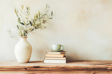 Neutral Mediterranean home design. Textured vase with olive tree branches, cup of coffee. Books on wooden table. Living room still life. Empty wall copy space.