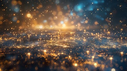 Abstract background shining golden floor ground particles stars dust. Futuristic glittering in space on black background. 