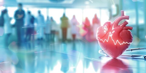 Naklejka premium A close-up image of a red plastic heart model with a stethoscope resting next to it, positioned on a reflective surface. The background shows a blurred out hospital setting with people in the distance