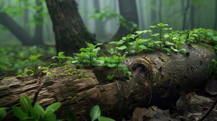 Young shoots wild plants growing on land with decaying wood of tropical rainforest.