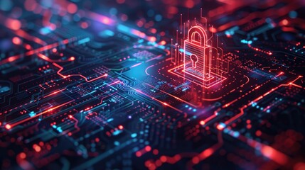 Obraz premium Digital padlock on a secure circuit board, representing advanced cybersecurity and data protection technology.