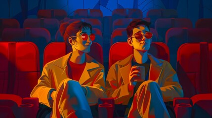 Fototapeta premium Happy couple on a romantic movie date at the cinema theater, enjoying a film together