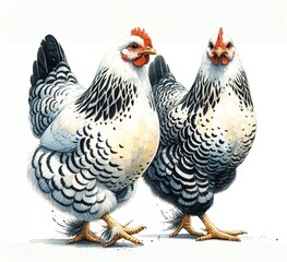 a couple of Hamburg chickens walking together. The realistic watercolor illustration.