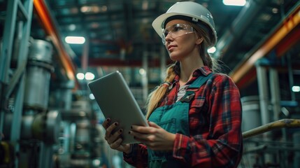 Female engineer using a tablet for inspection in a modern factory. She is wearing a hard hat and safety goggles.