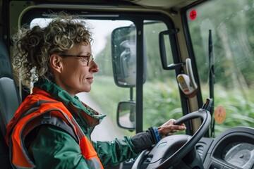 Naklejka premium Female truck driver navigating through a scenic route, highlighting women in transportation and the trucking industry.
