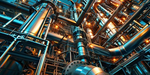 A low angle view of a complex network of pipes and industrial equipment at an oil refinery at night. The pipes are illuminated by bright lights, casting long shadows