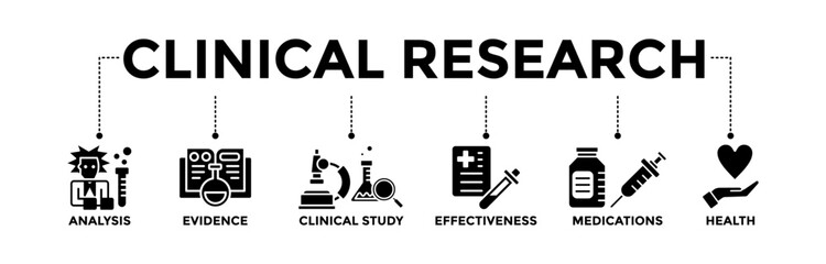 Clinical research banner icons set. Vector graphic glyph style with icon of analysis, evidence, clinical study, effectiveness, medications and health	