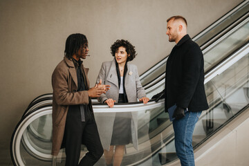 Three business professionals in stylish attire converse on an escalator, showing teamwork, collaboration, and diversity in a business setting.