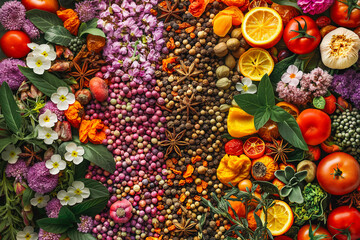 Fototapeta premium Panorama spices and herbs for food labels. Seasonings and flavors background