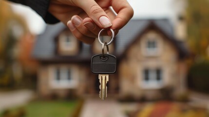 Hand holding house keys in front of a beautiful home, representing real estate, home ownership, or property purchase.