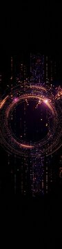 An abstract technology circle made with code in vibrant light on a black background. 