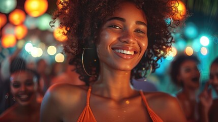 Joyful woman with curly hair smiling at a vibrant night party, surrounded by colorful lights and festive atmosphere.