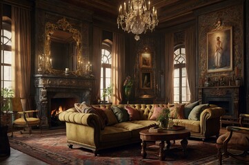 Vintage home design interior antique wooden furniture, ornate decorations, and grand fireplace, patterned wallpaper, Persian rugs, and chandeliers, creating a warm and nostalgic atmosphere