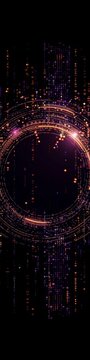 An abstract technology circle made with code in vibrant light on a black background. 