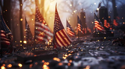 American flags surrounding a war memorial