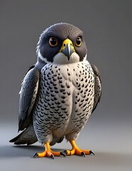 A 3D animated Cute Cartoon Peregrine Falcon Character 3D Rendered on Gray Background.
