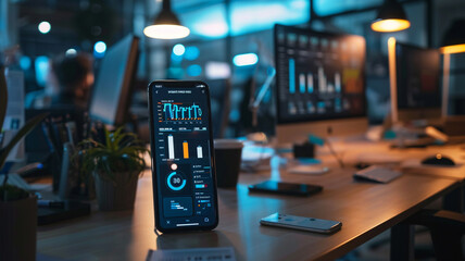 Desk with cell phone and Step into an innovative office space where a sleek smartphone takes center stage, displaying dynamic business graphs and analytics data