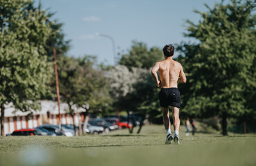 A shirtless man running in an urban park during daytime, emphasizing fitness, health, and the joy of outdoor sports.
