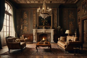 Vintage home design interior antique wooden furniture, ornate decorations, and grand fireplace, patterned wallpaper, Persian rugs, and chandeliers, creating a warm and nostalgic atmosphere