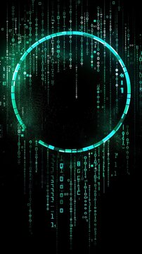 An abstract technology circle made with computer code in blue and green on a black background. 