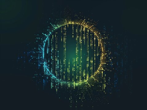 An abstract technology circle made with computer code in blue and green on a black background. 