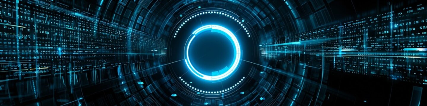 An abstract technology circle made with computer code in blue and green on a black background. 