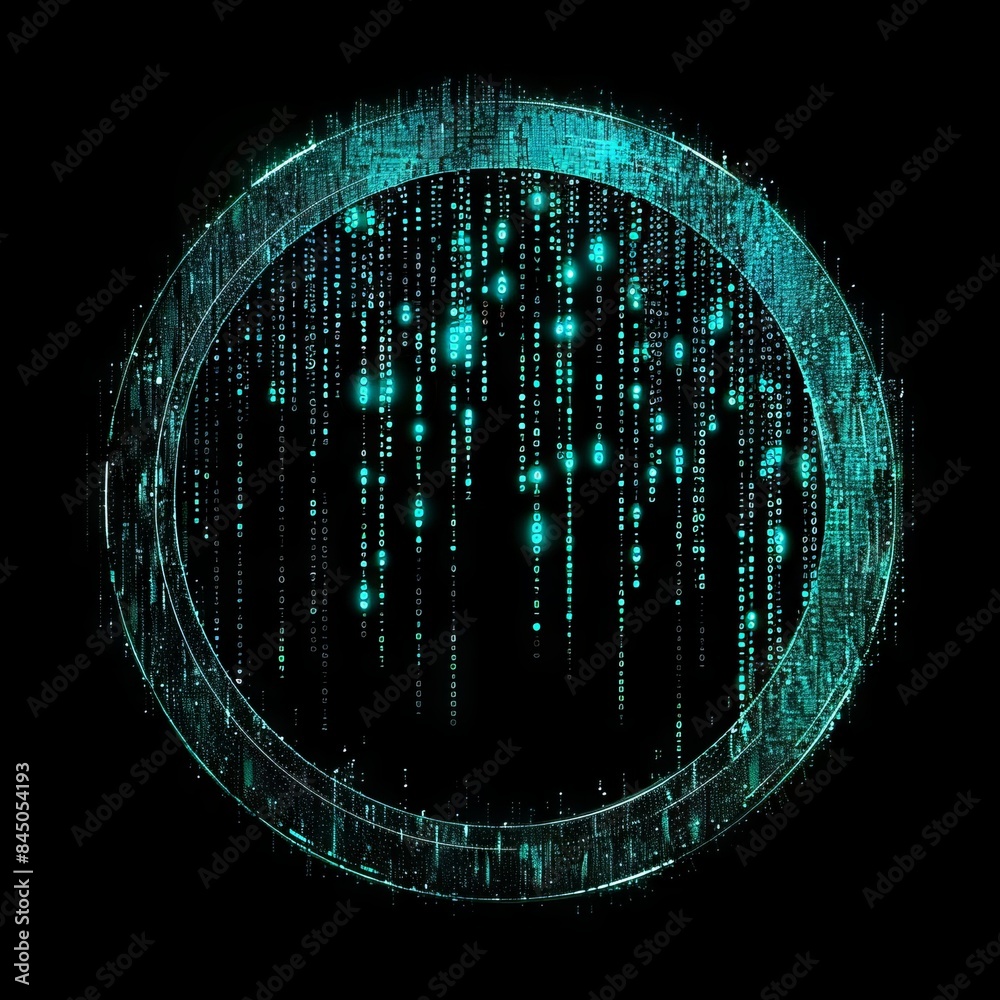 Canvas Prints an abstract technology circle made with computer code in blue and green on a black background.