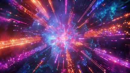 Fototapeta premium Neon bursts of light punctuate the darkness, creating a visually stunning backdrop that evokes a sense of wonder and aw, Generative AI