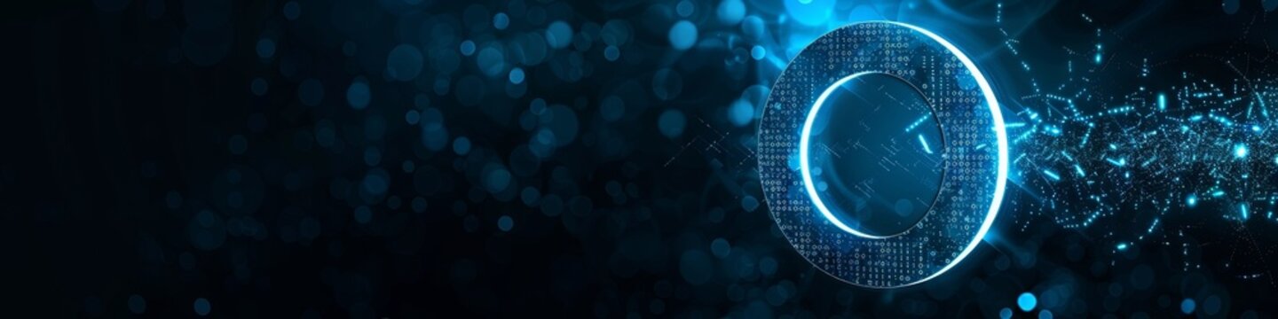 An abstract technology circle made with computer code in blue and green on a black background. 
