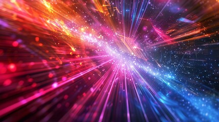 Obraz premium Neon light beams radiate outward, creating a sense of depth and dimensionality in this abstract digital landscape, Generative AI