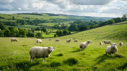 Obraz premium Serene Pastoral Scene with Sheep Grazing in Picturesque English Countryside Landscape