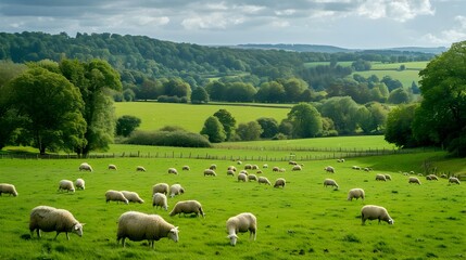 Obraz premium Picturesque Pastoral Landscape with Grazing Sheep in Lush English Countryside