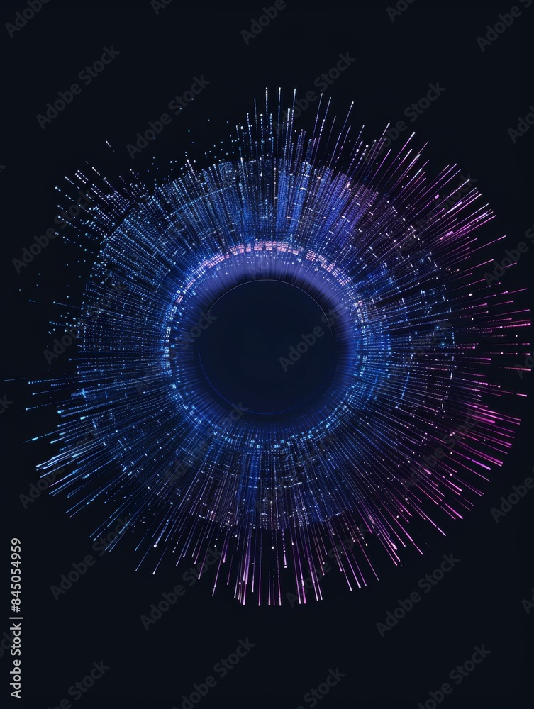 Wall mural an abstract technology circle with computer code in vibrant purple and blue on a black background.