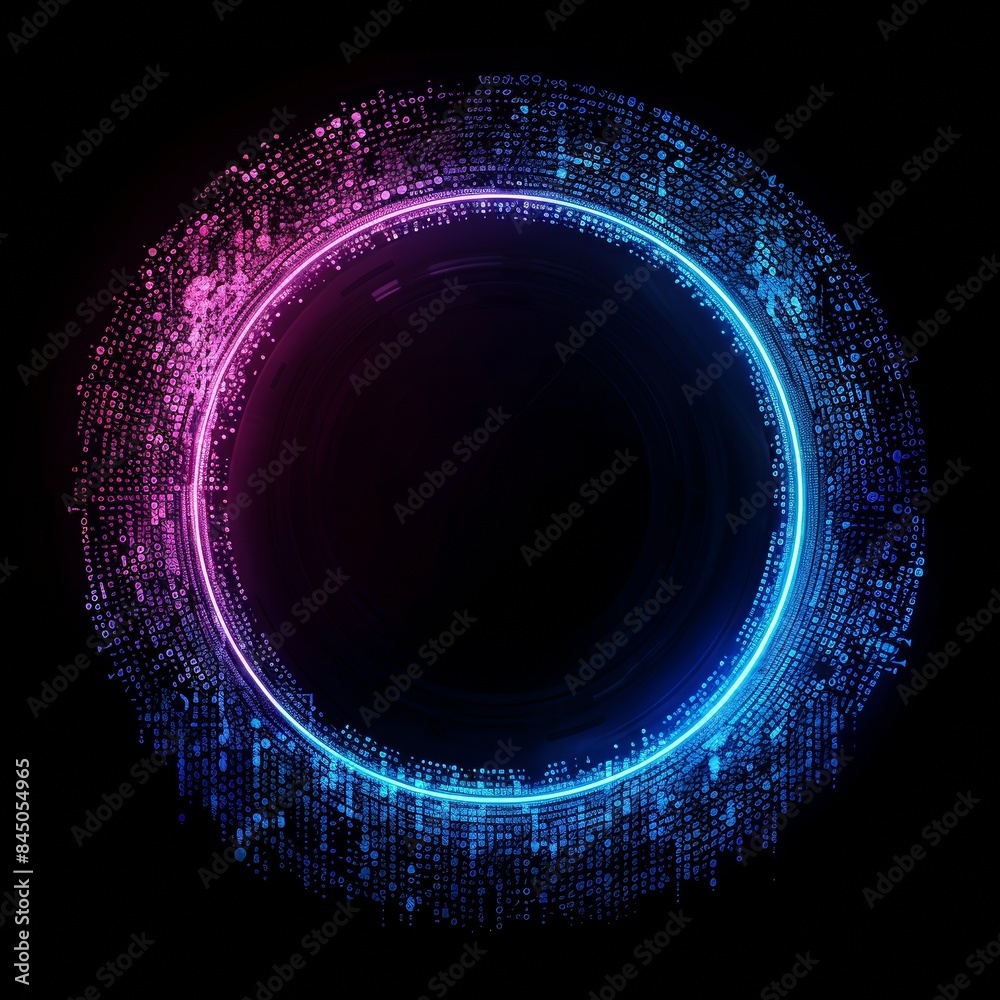 Wall mural an abstract technology circle with computer code in vibrant purple and blue on a black background.