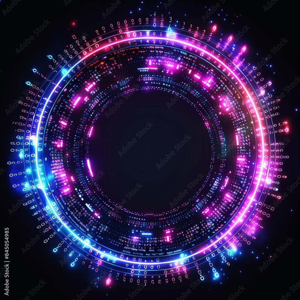 Wall mural an abstract technology circle with computer code in vibrant purple and blue on a black background.