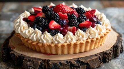 Berries Filled Cupcake Pie Displayed on a Wooden Platter