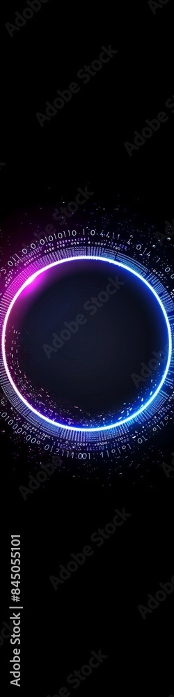 Wall mural an abstract technology circle with computer code in vibrant purple and blue on a black background.